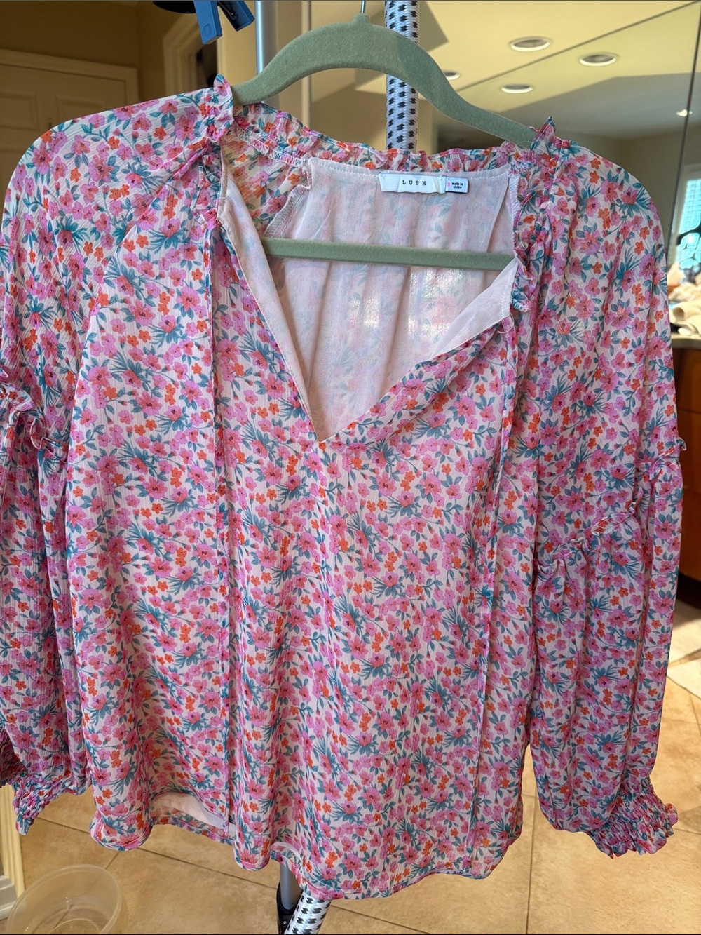 Lush Pink Floral Tie-Neck Blouse